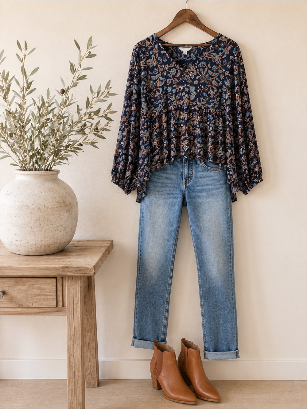Lucky Brand Floral Boho Peasant Blouse| Size L |Navy Tiered Long Sleeve